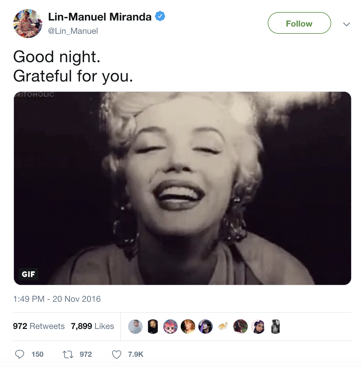 Figure 32. A 2016 gratitude tweet with Marilyn Monroe.