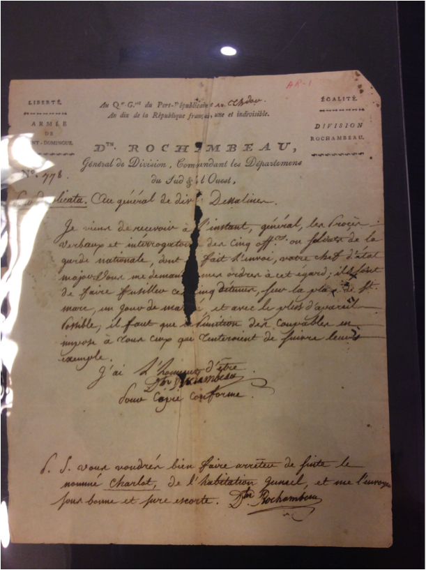 Letter from General Donatien Rochambeau to General
Jean-Jacques Dessalines.