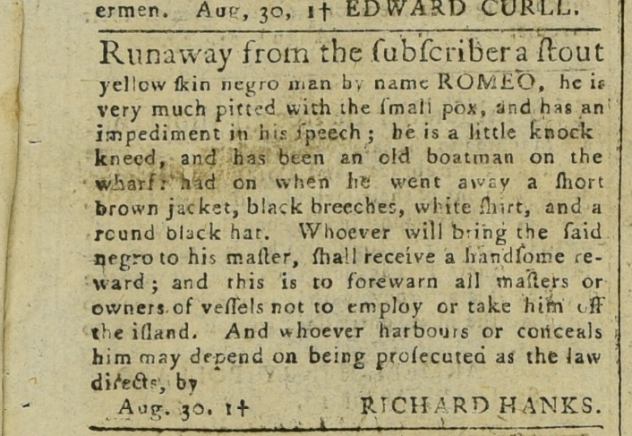Runaway-slave ad, 30 August 1783.