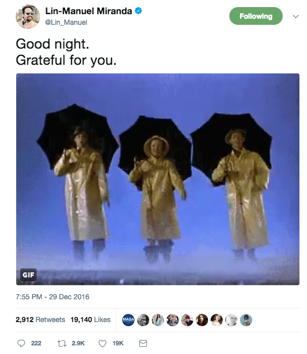 Figure 31. A 2016 gratitude tweet with <em>Singing in the Rain</em>.