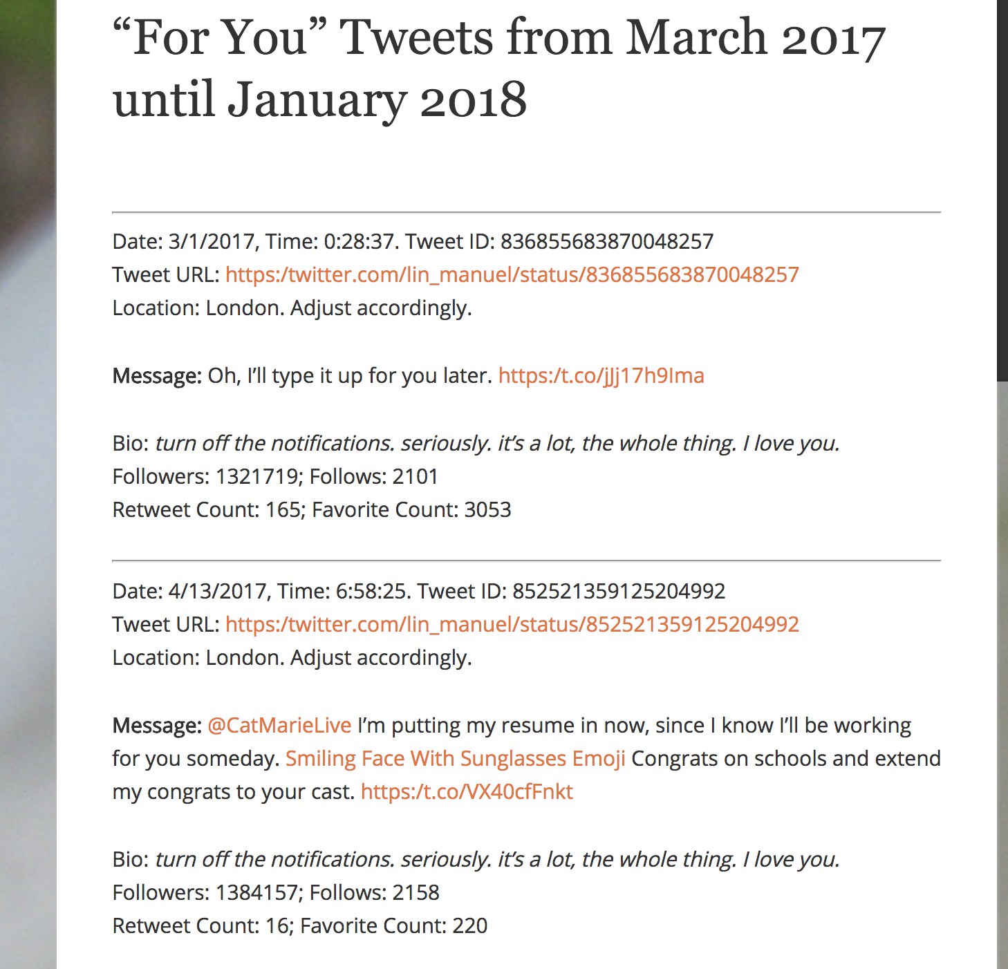 Figure 2. An online archive of Miranda\'s \'for you\' tweets.