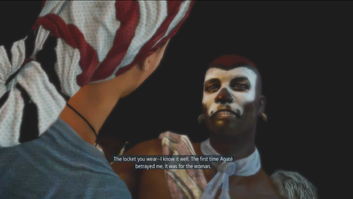 Screenshot from Assassin\'s Creed: Liberation of Aveline leaning over the dying Mackandal