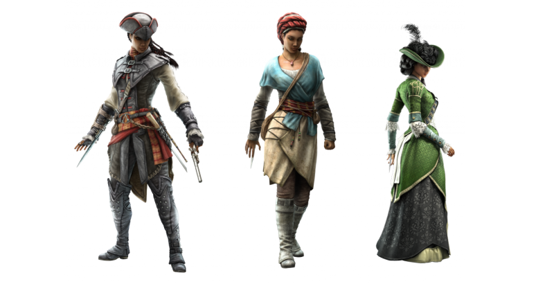 Promotional graphic illustrating Aveline\'s triple persona in Assassin\'s Creed: Liberation — the assassin, the slave, and the lady