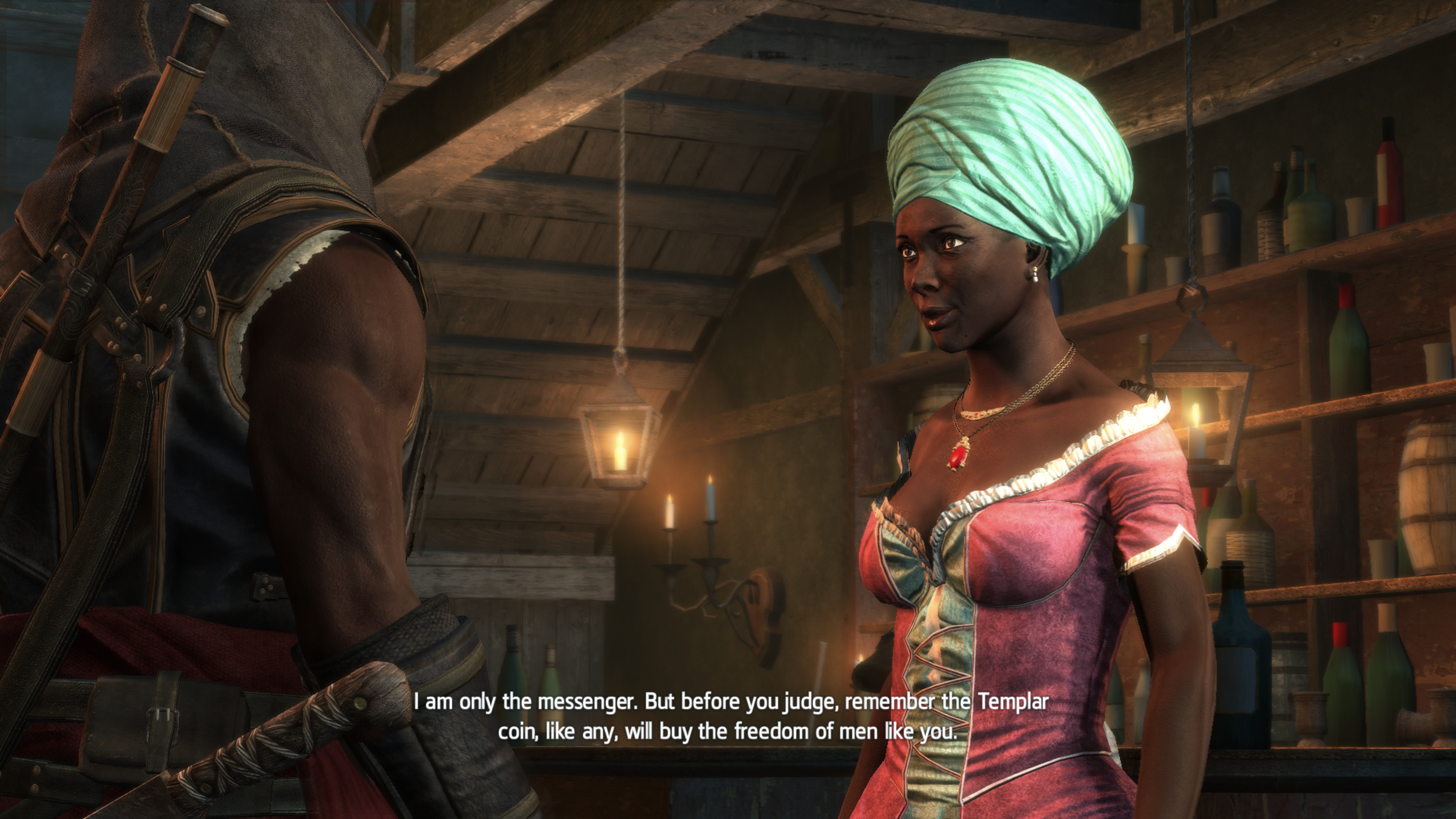 Screenshot of a cutscene from Freedom Cry showing Adewalé conversing with Bastienne Josèphe