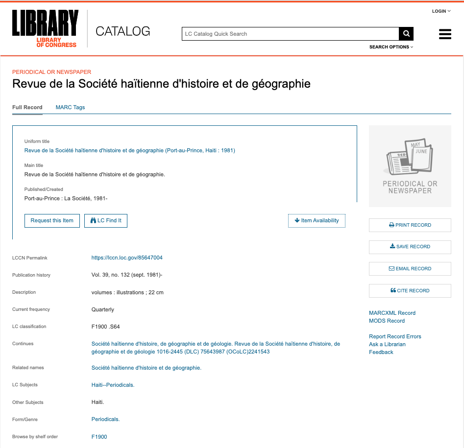 Library of Congress Catalog Entry
