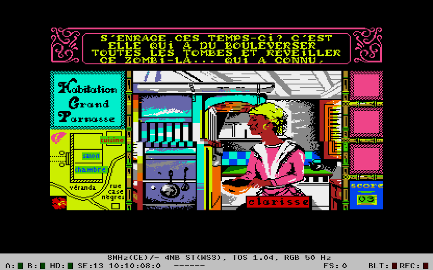 Screen capture from Méwilo, Atari, French version: Clarisse gives the player character her opinion