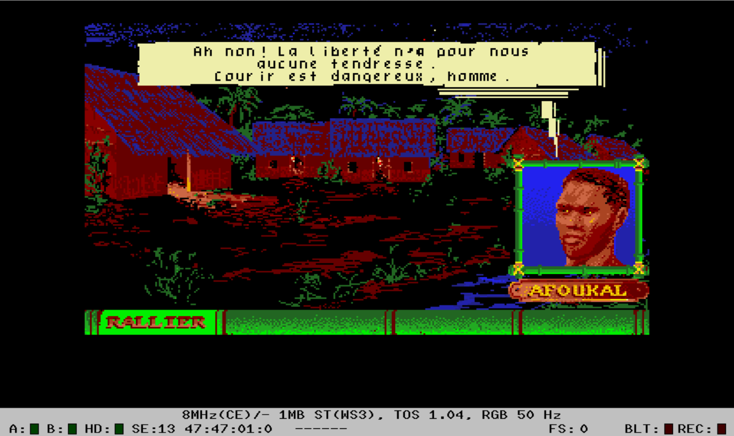 Screen capture from Atari, French version: Afoukal responds to the player's attempt at an alliance