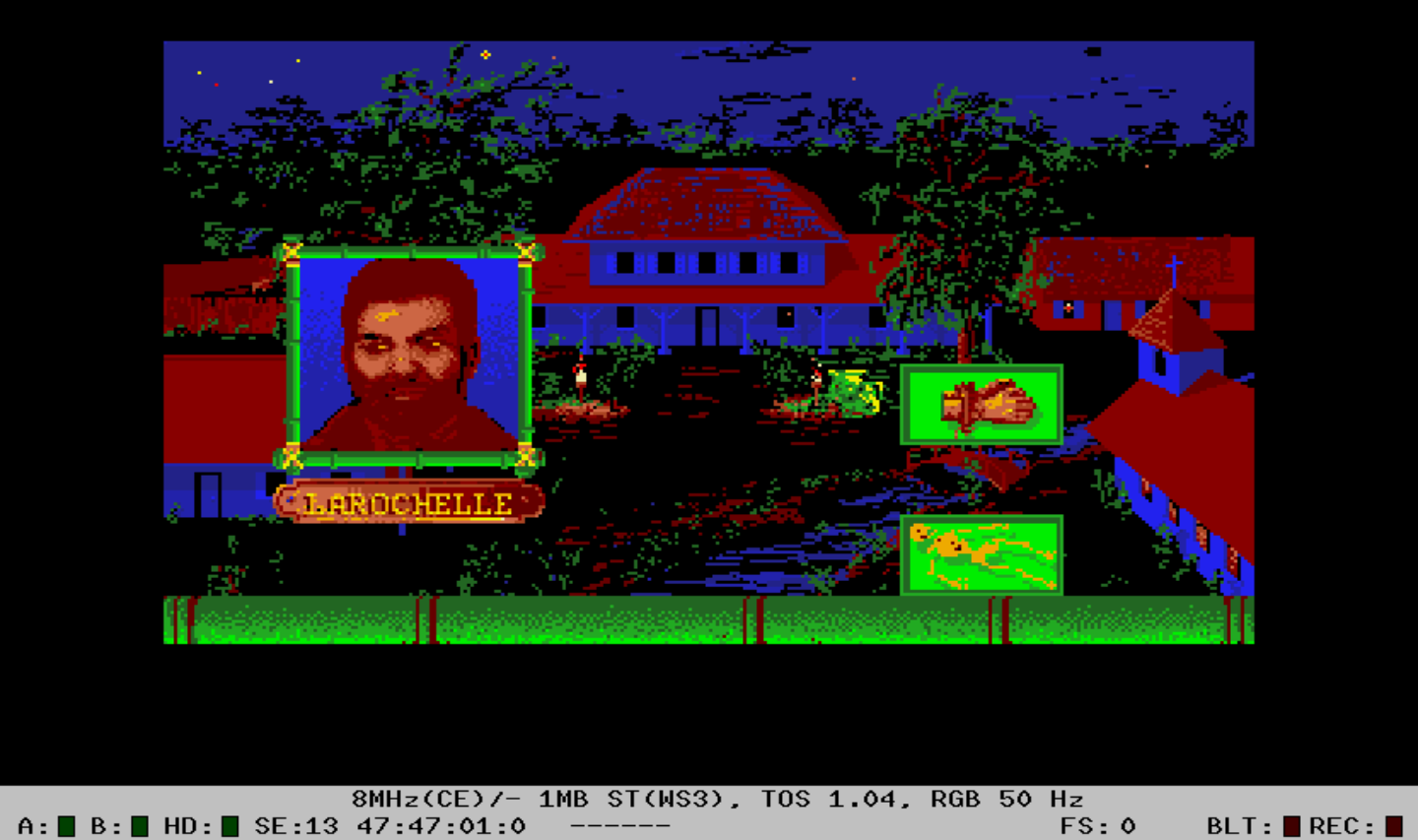 Screen capture from Atari, French version: the player character encounters Timolet, modeled on Chamoiseau's appearance