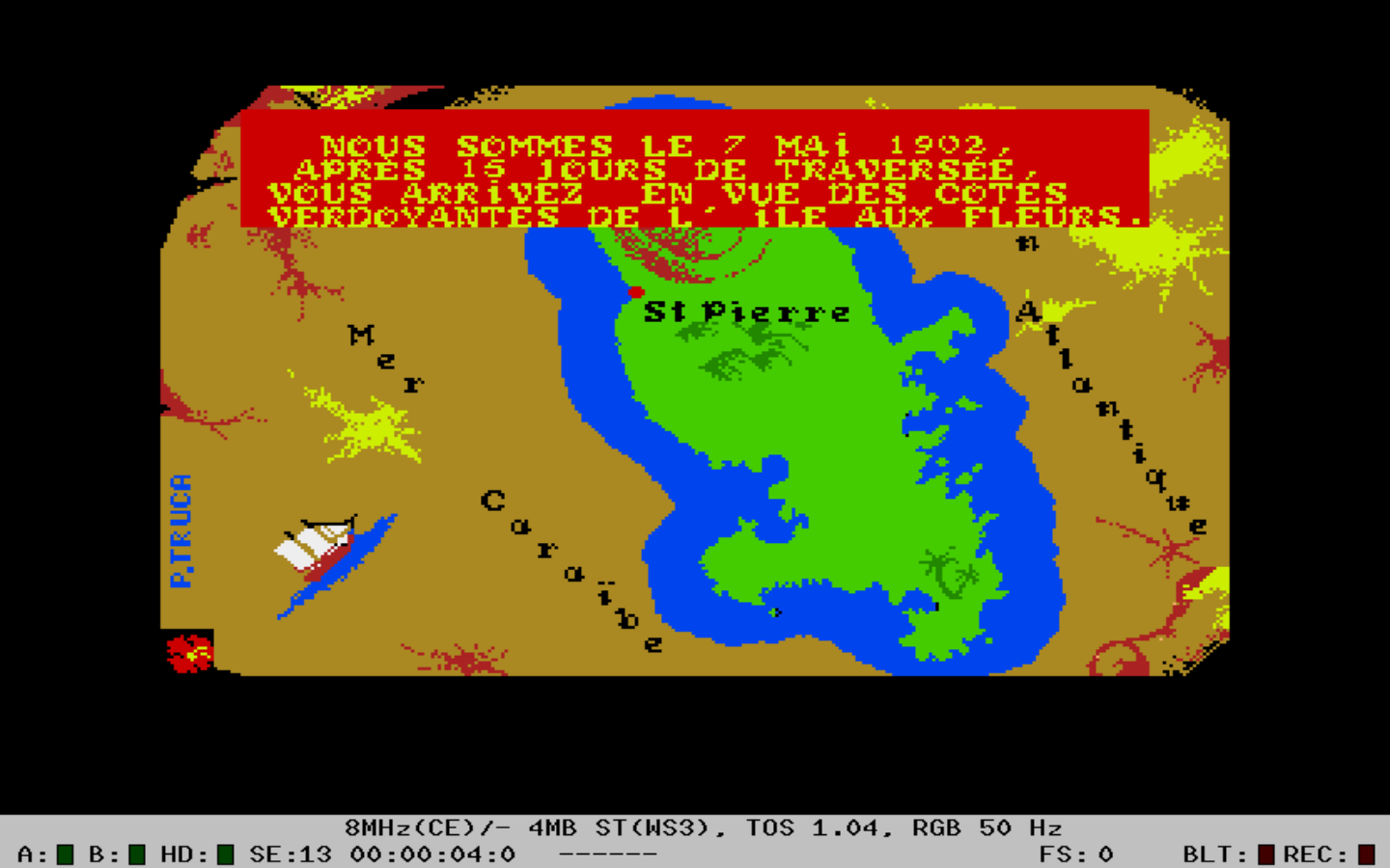 Screen capture from Méwilo, Atari, French version: the opening scene as the player character journeys to St. Pierre