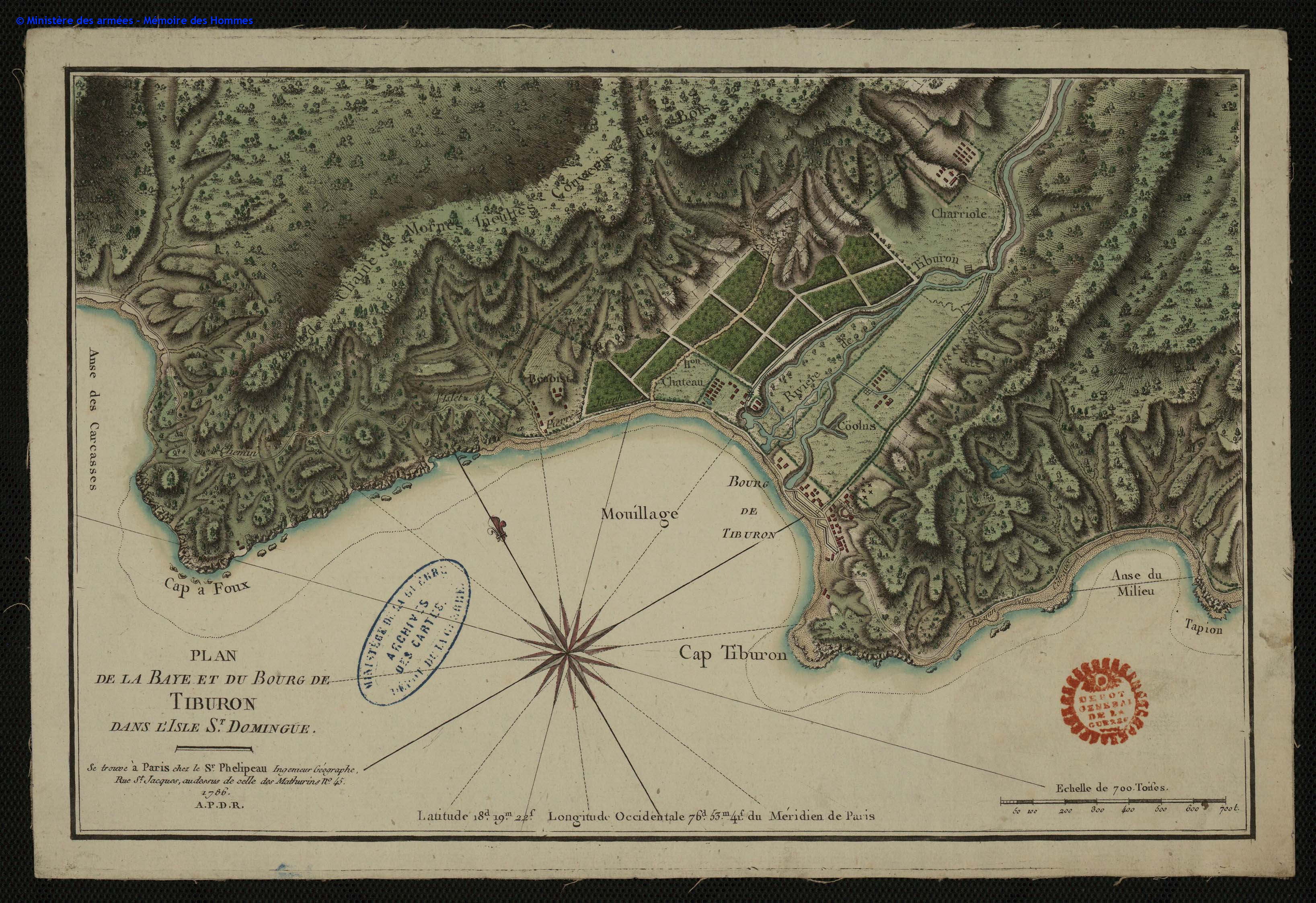 Historical map of Tiburon by Phelipeau, showing plantation boundaries and refuge sites
