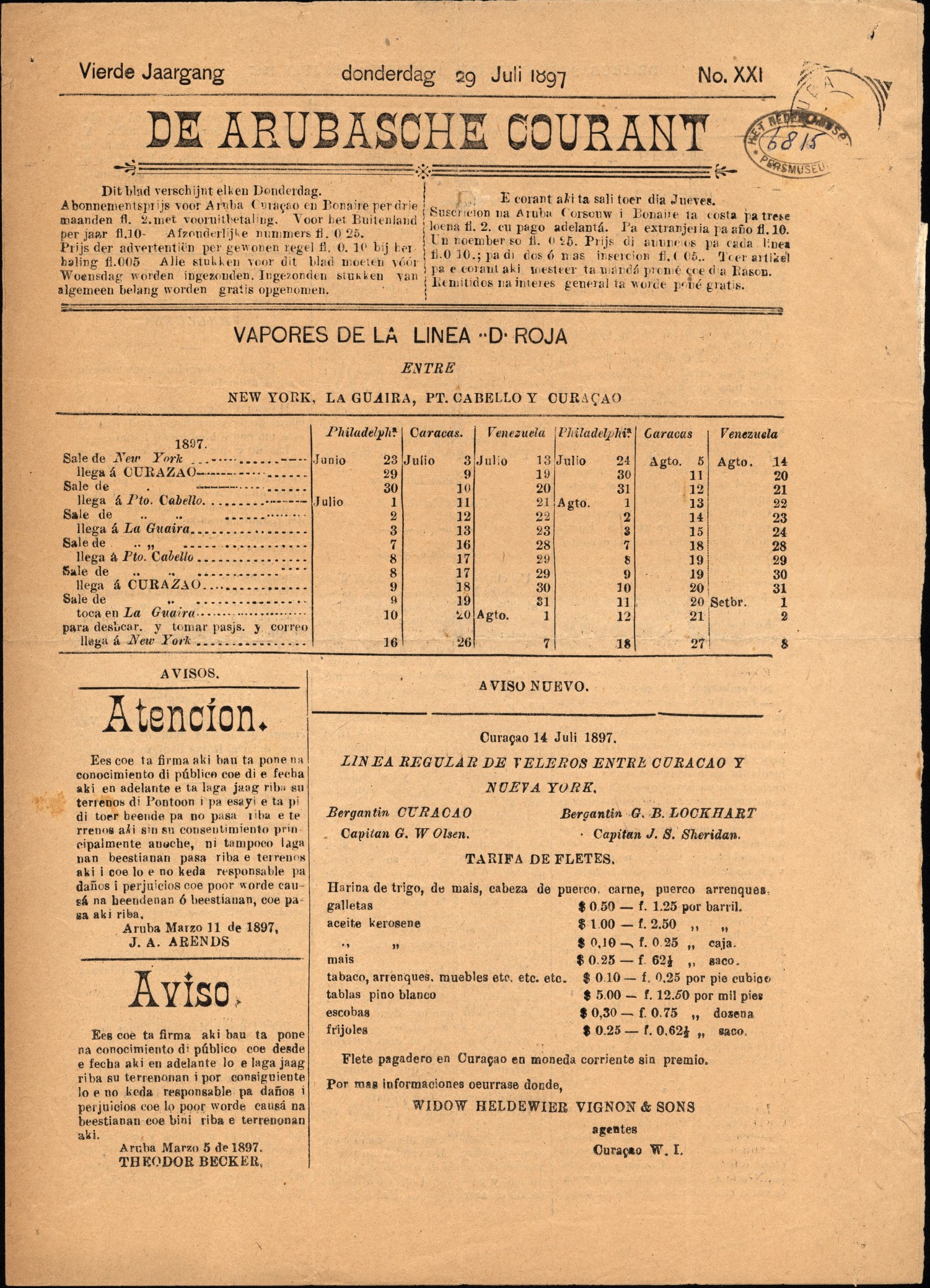 Front page of De Arubasche Courant, the first newspaper printed on Aruba (1897)