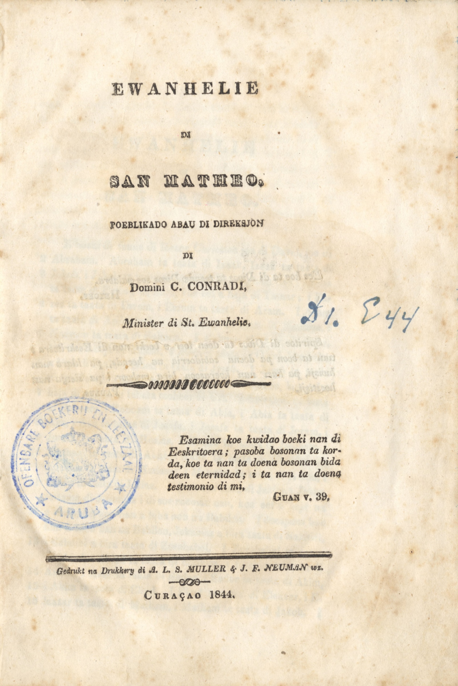Title page of Ewanhelie di San Matheo (1844)
