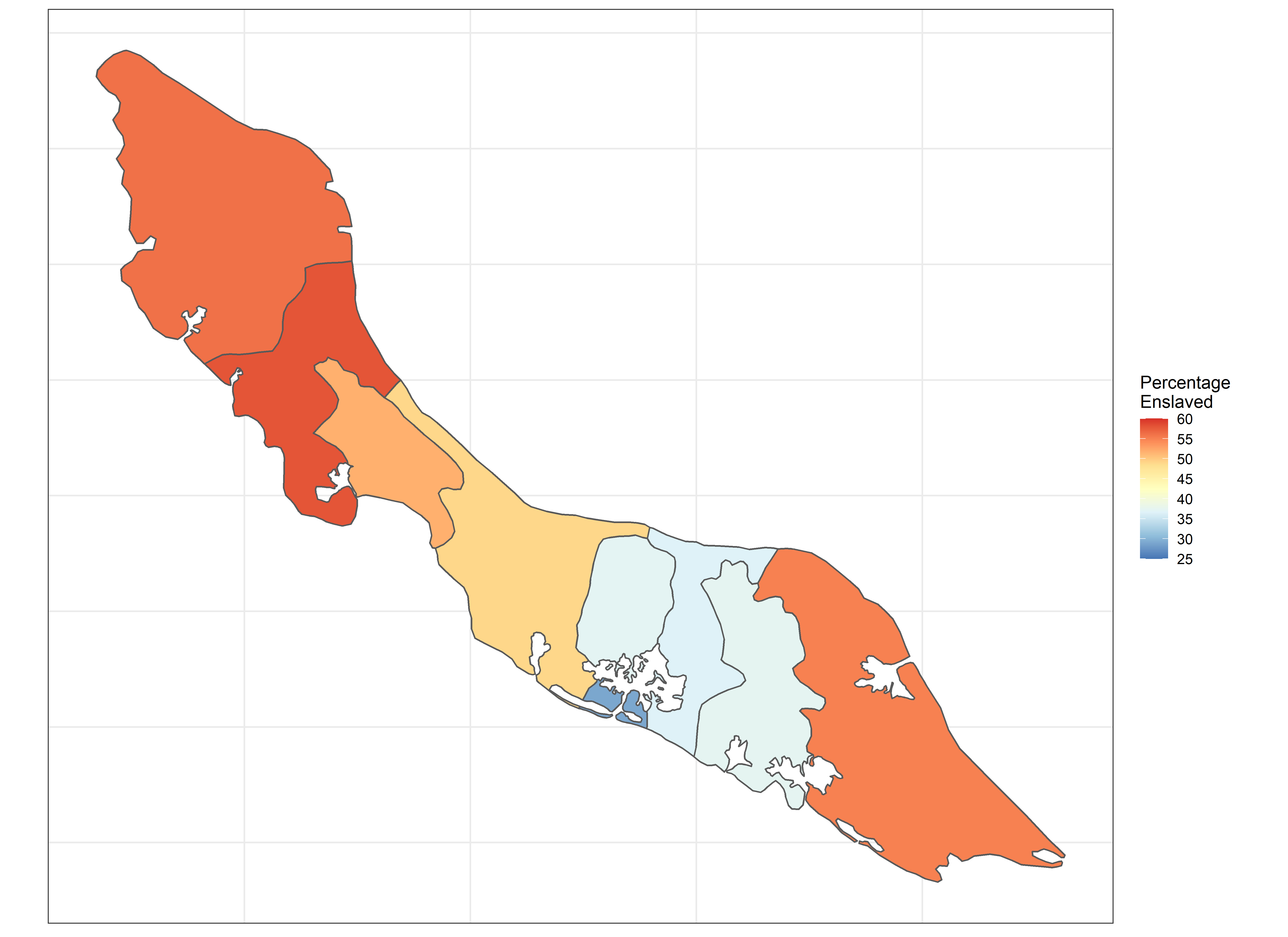Enslaved population as percentage of the total population per administrative district in Curaçao 1840