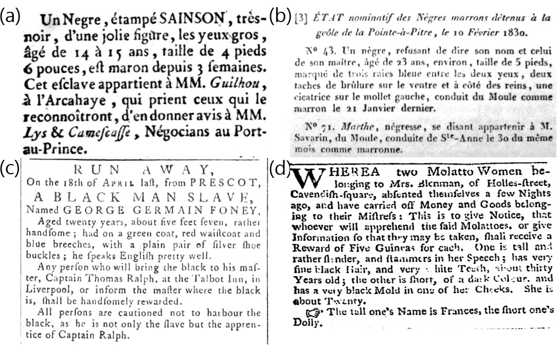 Examples of newspaper advertisements and jail lists for fugitive enslaved people