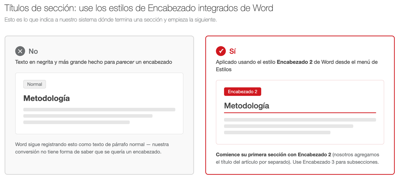 Comparación entre texto en negrita confundido con un encabezado y texto con el estilo Encabezado 2 de Word correctamente aplicado, para que las divisiones de sección se conviertan automáticamente