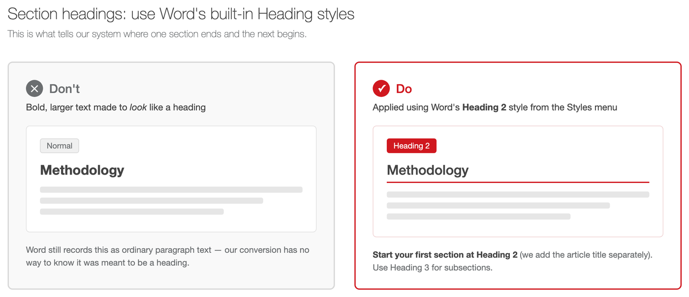 Comparison of bold text mistaken for a heading versus text with Word's Heading 2 style correctly applied, so section breaks convert automatically